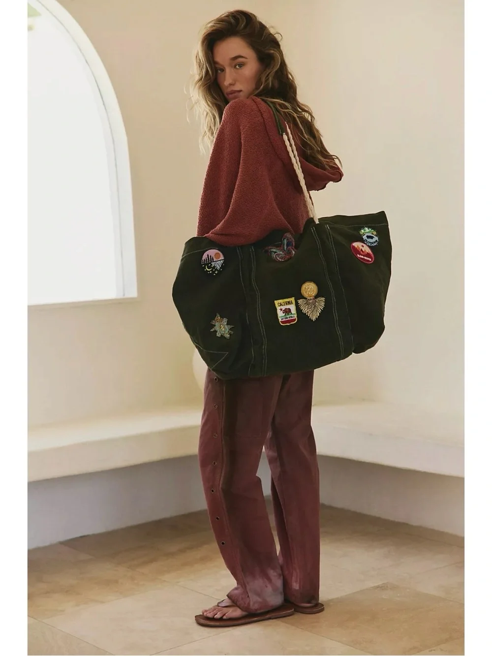 Free People Oversized Bohemian Been There Badge Tote Bag  Army Green NWT Patches